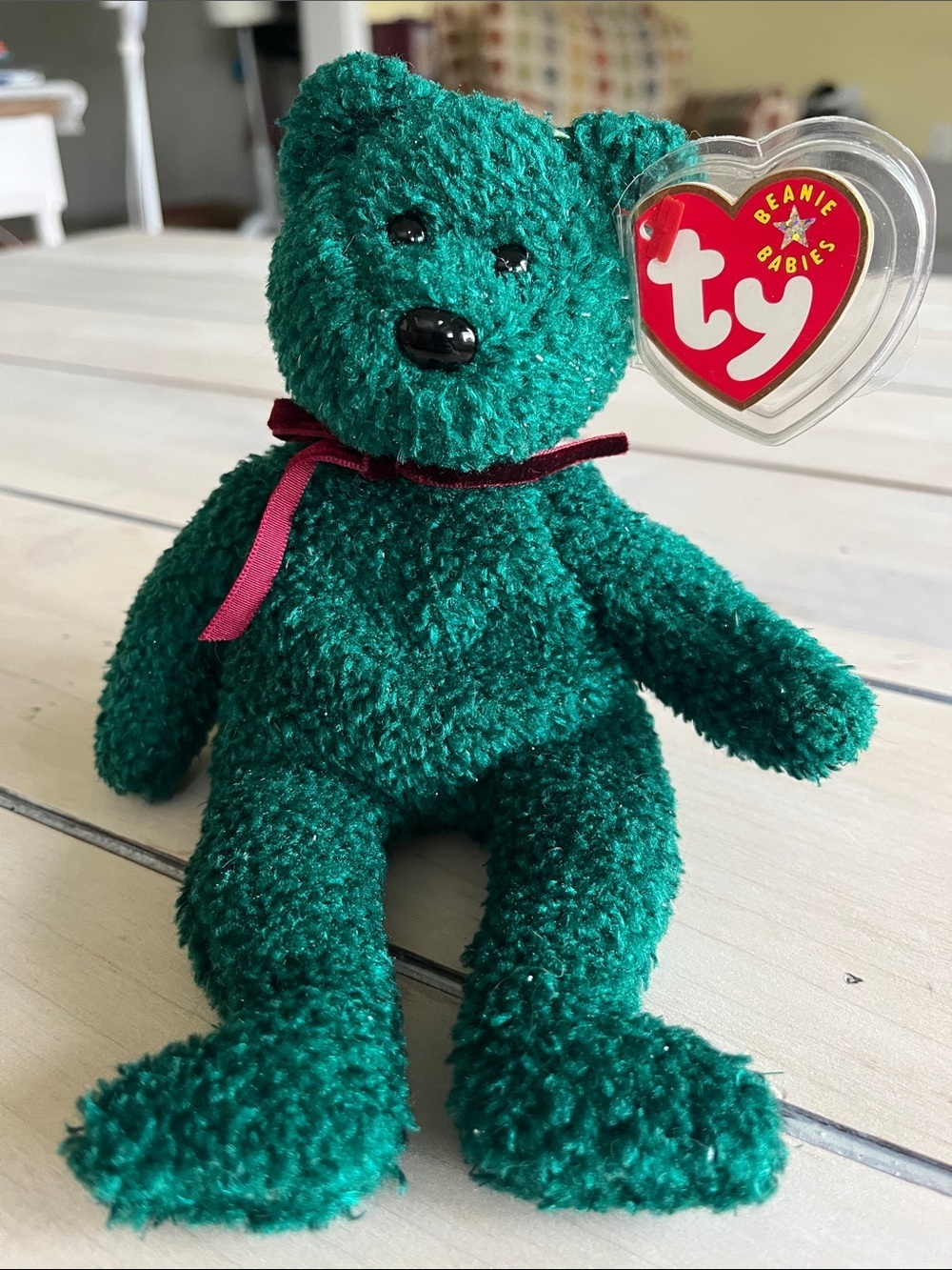 Ty 2001 Holiday Teddy Green Beanie Baby Bear with Burgundy Ribbon